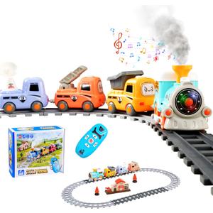 Steam Train Set for Toddlers  Cartoon Face Locomotive with Remote Control, Real Steam, Lights & Music  Magnetic Toy with Tracks & Trucks (19052D-1)