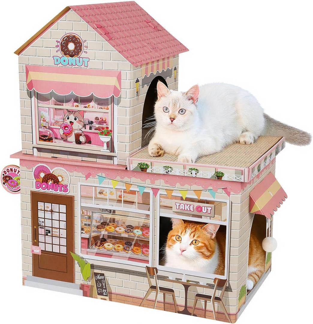 Cardboard Cat Houses for Indoor Cats - Kitten Scratcher Houses & Condos, Donuts Themed Hut Hideout Play House Bed with Scratching Pads, Scratch Box for Large Kitty Rabbit Bunny Small Animals