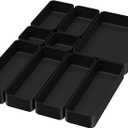 9 Pcs Stackable Drawer Organizer Trays Set, Multifunctional Stackable Storage Trays for Vanity, Bathroom, Kitchen, Desk Drawer Organizer Office. Plastic Drawer Organizers, Black