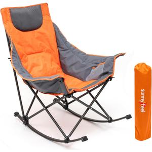SUNNYFEEL Rocking Camping Chair, Luxury Padded Recliner, Oversized Folding Lawn Chair with Pocket, Heavy Duty for Outdoor/Picnic/Lounge/Patio, Portable Camp Rocker Chairs with Carry Bag (1 PC, Orange Grey)