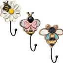 Kathfly 3 Pcs Bee Decorative Wall Hook Large Farmhouse Flower Coat Hook Vintage Wall Mounted Towel Holders for Hanging Coat Clothes, Keys, Hats, Towels Nursery Bathroom Bedroom Decor
