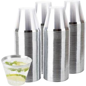 PLASTICPRO 9 oz Disposable Plastic Party Cups,Old fashioned Designed Tumblers, Crystal Clear (Clear With Silver Rim, 200)