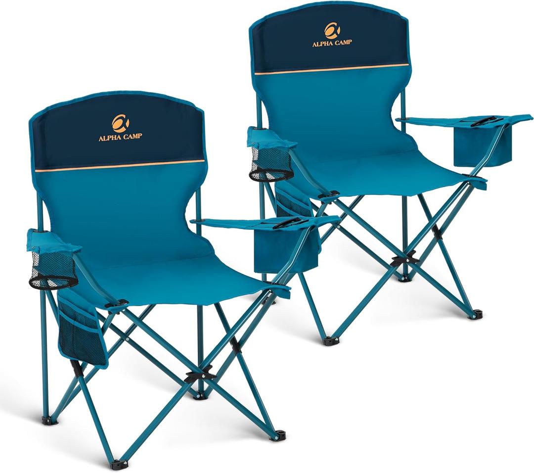 LET'S CAMP Camping Chair 2 Pack Folding Chair with 3-Can Cooler Bag Portable Lawn Chair with Cup Holder, Storage Pocket, Supports 225LBS, Collapsible Chair for Camp, Beach, Picnic (Blue)