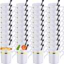 Bokon 100 Pcs Plastic Coffee Tea Cups Reusable 8 oz White Coffee Mugs Bulk with Handle and Spoon with Gold Rim Espresso Cup for Tea Cafe Milk Dessert Shop