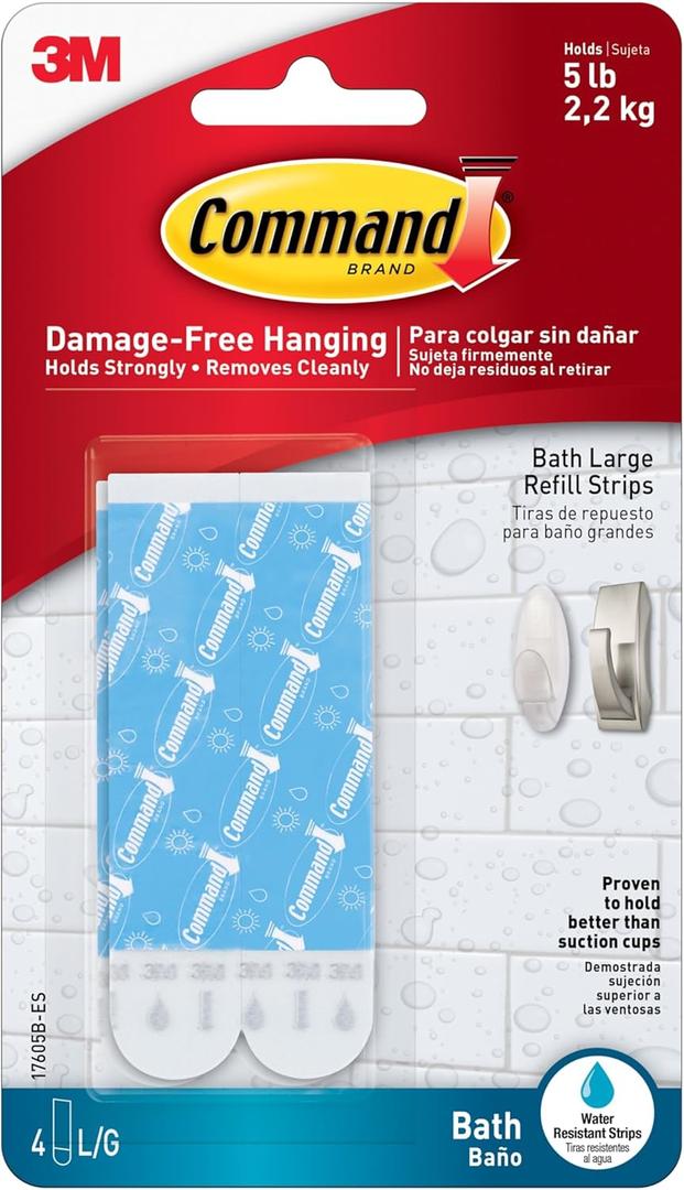 Command 5 lb Large Water-Resistant Refill Strips, 4 Strips, Reuse Large Bath Hooks or Caddies