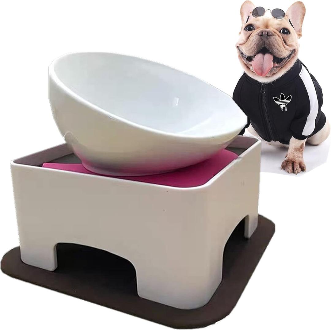 Bulldog Bowl Anti-Slip Dog Cat Dish Detachable Rubber Dog Bowl Pet Sterile Tilted Pet Feeder Slope Base (WhiteCeramic Bowl, 1.5 Cup (Small/Medium Dog))