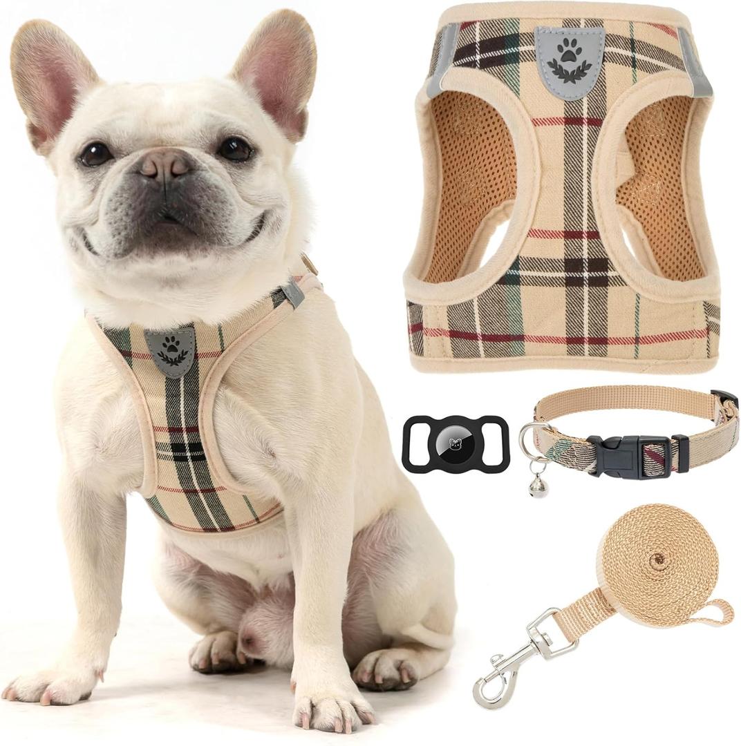 EXPAWLORER Plaid Small Dog Harness and Leash Set with AirTag Holder - No Pull Soft Padded Step in Dog Vest Harness Medium Sized Dog, Reflective Puppy Harness, Collar and Leash for Walking, Khaki S