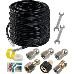 Hourleey Sewer Jetter Kit for Pressure Washer 150FT, Drain Cleaner Hose 1/4 Inch NPT, Orifice 4.0 Button Nose and Rotating Sewer Jetting Nozzle Spanner Tape Pearl Corsage Pin, 4000 PSI