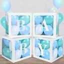 Baby Boxes with 4 Letters,40 Blue Balloon for Baby Shower Decorates,4 pcs clear Balloon Boxes BABY Blocks for Boys Birthday Party Decoration