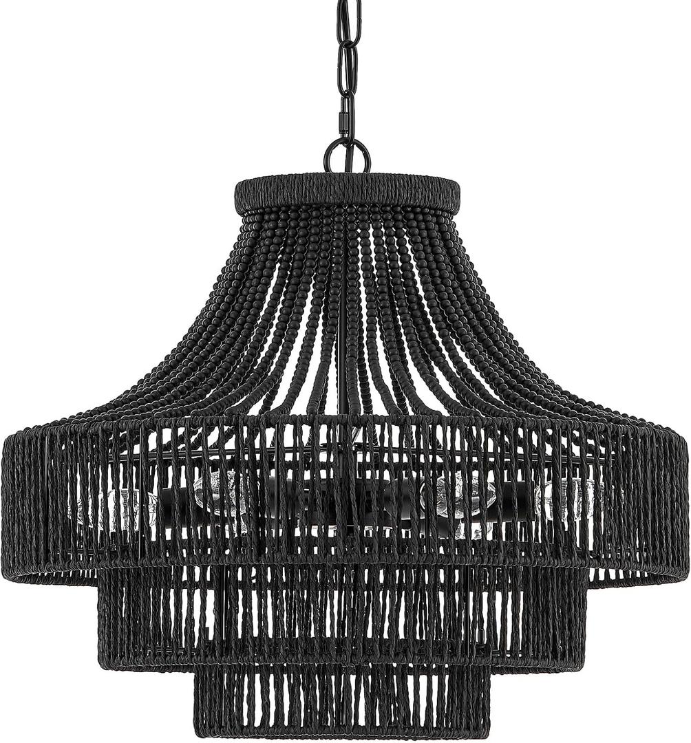 20" Black Wood Beaded Rattan Chandelier Boho Hand Woven Pendant Light for Dining Living Room Kitchen Bedroom, UL Listed
