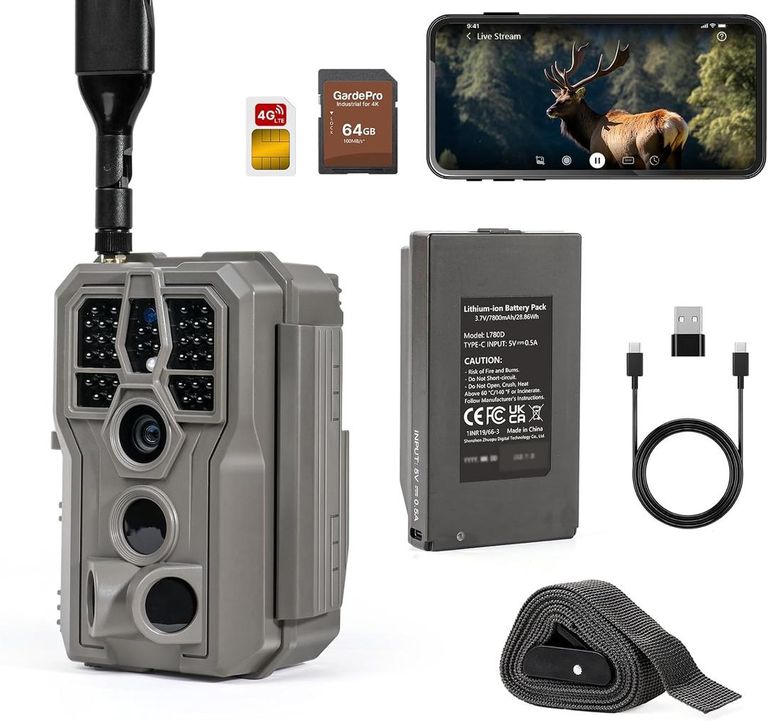 GardePro X66 Pro Cellular Trail Camera (Non-WiFi), 7800mAh Battery, 64GB SD Card Included, Live View, Instant Alerts, Shared Data Plan, Built-in GPS, Motion Detection