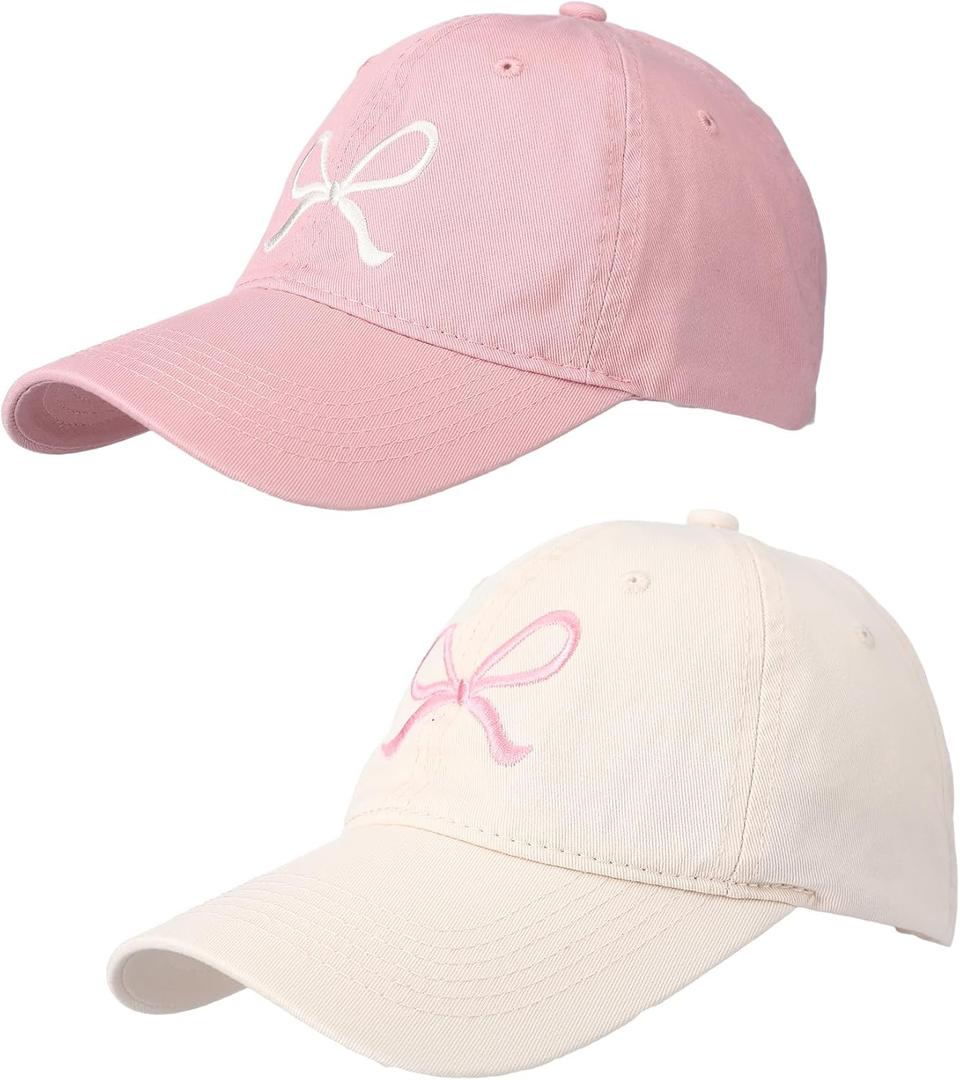 2 Pack Bow Tie Baseball Cap Coquette Pink Bow Baseball Cap for Woman Cute Sun Travel Sports Hats (Beige and Pink)
