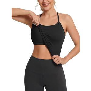 Rooscier Women's Ribbed Sleeveless Yoga Gym Athletic Crop Top Cami with Built in Bra, Small 