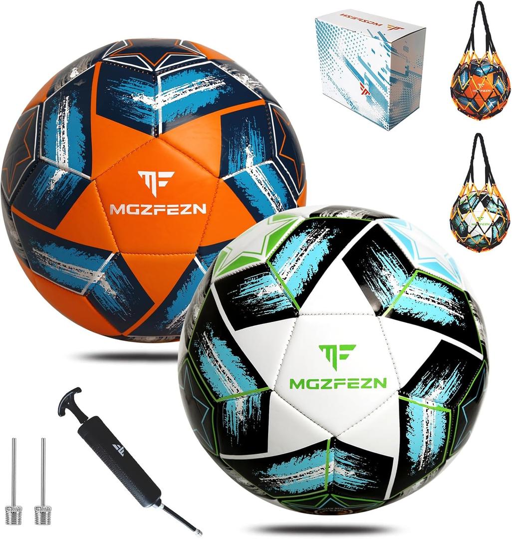 Soccer Ball Size 5&Size 3 for Youth and Adults,Indoor Training Practice Soccer Ball,Gift Idea for Kid with 1 Pump 1 Net Bag and 2 Needle (White&Orange 2Pcs)
