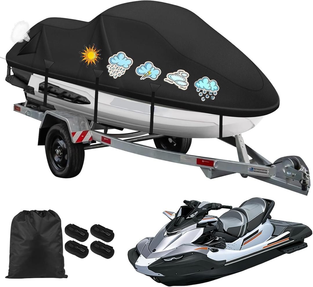Jetski Cover,900D Heavy Duty Jet Ski Cover 2-3 Seater Compatible with Yamaha Seadoo with 2 Vents & 4 Windproof Buckles UV Protection All Weather Universal Waverunner Cover from 136" to 145"(Black)