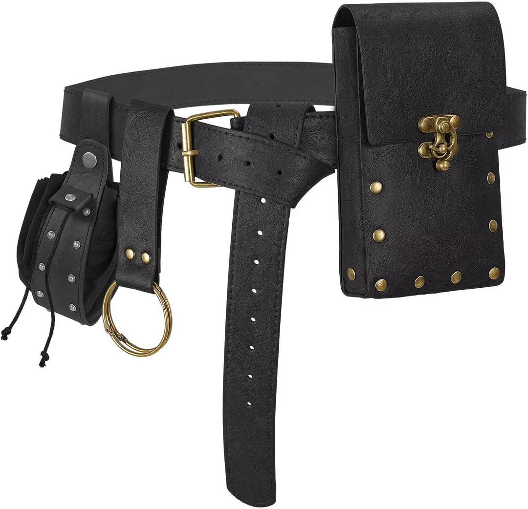 Renaissance Accessories Belt Pouch Medieval Pirate Leather Belt Viking Witch Waist Purse Costume Men Women for Ren Fair Halloween (A Black)