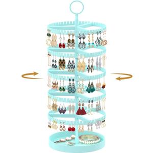 MODOWEY 5 Tier Rotating Earring Holder Organizer Display Tree with Metal Tray, Adjustable Plastic Stand with 285 Slots for Stud Hoop Hanger, Large Capacity Storage Rack for Women Space Saving, Blue