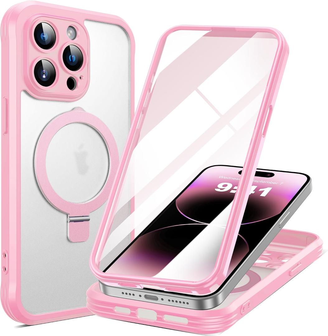 for iPhone 14 Pro Case with Invisible Magnetic Stand, Compatible with Mag-Safe Translucent Matte with Built-in Screen Protector, Shockproof Protective Phone Case for Women Men, Pink