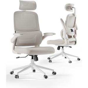 Hbada P1 Ergonomic Office Chair with 2D Lumbar Support & Adjustable Headrest - Heavy Duty 300lbs Capacity, 102 Reclining, Foldable Arms, Thick Cushion - Perfect for Home Office Chair, White (White Frame Grey Mesh)