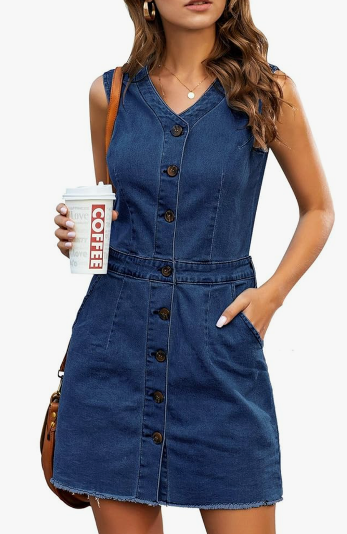 LookbookStore Women Sleeveless V Neck Button Down Frayed Hem Short Denim Dress. Size L