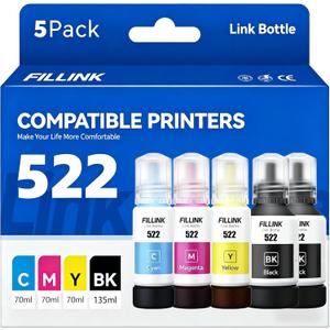T522 522 Ink High Capacity 522 Ink Refill 5 Bottles Compatible for Ecotank ET-2800 ET-2400 ET-2803 ET-2720 ET-4700 ET-4810 ET-4800 2BK,1C,1M,1Y-5pk
