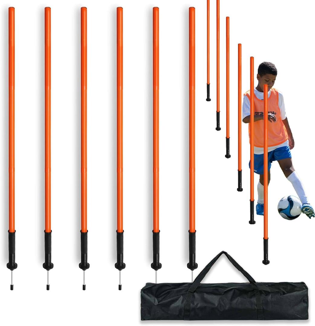 Agility Training Poles Set (Rubber Base with 3.3ft/1m to 4.9ft/1.5m Poles) (6 Orange Poles)