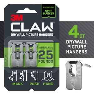 3M Claw 25 lb. Drywall Picture Hanger with Spot Markers, Heavyweight Hanging Solution for Room Decor and Office Decor, Including Mirrors or Large Art - 4 Pack