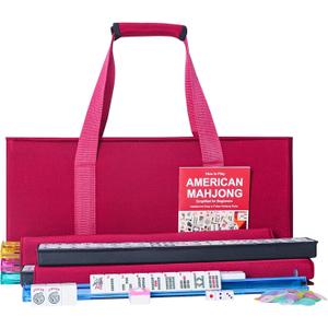 ZGME American Mahjong Set,166 White Tiles with Red Bag and Accessories,4 All-in-One Mahjong Racks with Pushers,Complete Western Mahjong Set