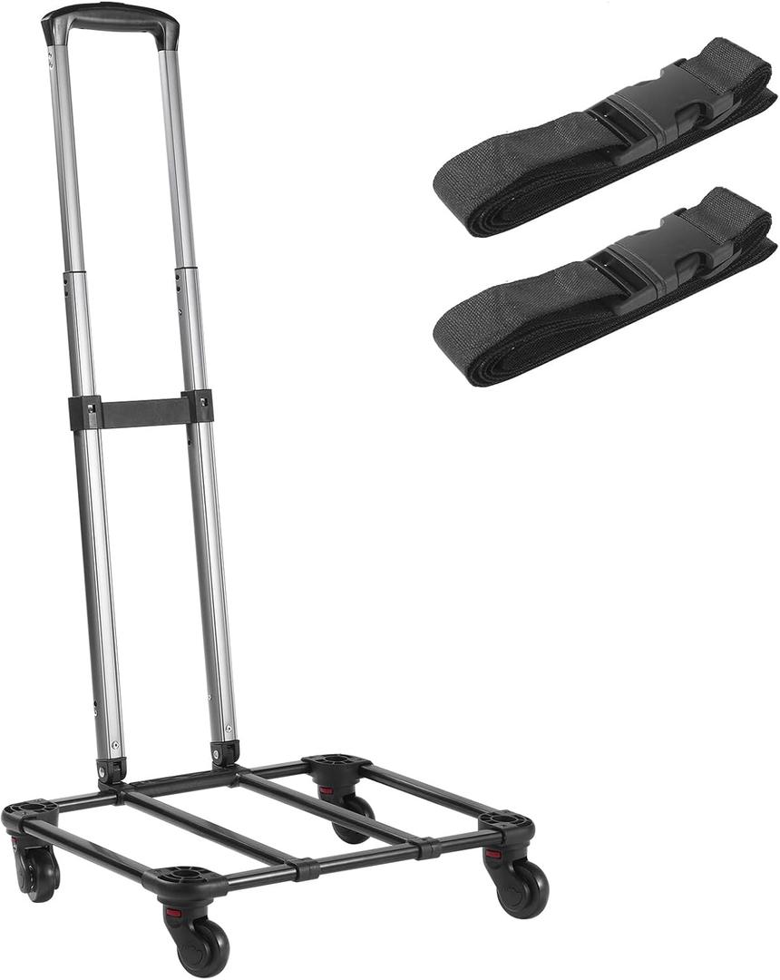 Rolling Carrier Cart with Telescopic Handle, Foldable Luggage Cart for Travel Bag, Universal Detachable Trolley with 360° Wheels & Adjustable Straps for Small Carriers Bag