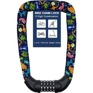 NDakter Bike Chain Lock, 5 Digit Combination Heavy Duty Anti Theft Bicycle Chain Lock,2.62/3.2/4.27/5/6Ft Long Security Resettable Bike Locks for Bike, Bicycle, Scooter, Door, Gate, Fence-4/6mm Thick (Dinosaur)