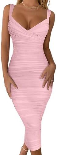 BEAGIMEG Women's Sexy Bodycon Sleeveless Ruched Mesh Club Party Midi Dress, Size: XL