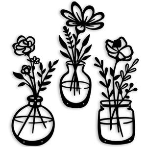3 Pieces Black Metal Flowers Wall Decor Stocking Stuffers for Teen Girls Christmas Birthday Gifts for Women Wall Art Metal Wall Sculptures Hanging for Indoor Kitchen Bathroom Bedroom living room 14.56x5.9 inches