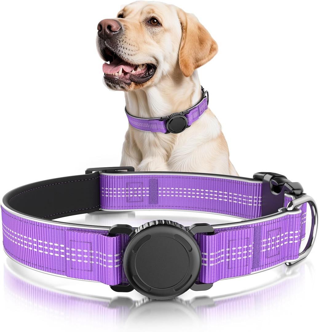 Waterproof AirTag Dog Collar - Reflective Comfortable Dog Collars with Air Tag Holder - GPS Dog Tracker Collar with Quick Easy Install - for Large Medium Small Dogs(Purple, XL)