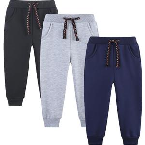 3 Pack Boy's and Girl's Fleece Pull on Jogger Sweatpant with Pockets and Drawstring 2-13 Years (#Black/Navy/Grey)
