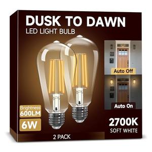 UNILAMP Dusk to Dawn Light Bulbs, Outdoor Light Bulbs, ST64 6W Equivalent 60W, 2700K Soft White, 600LM LED Outdoor Lighting, E26 Base, Photocell Sensor, Auto On/Off Bulb for Porch Patio Garage, 2 Pack