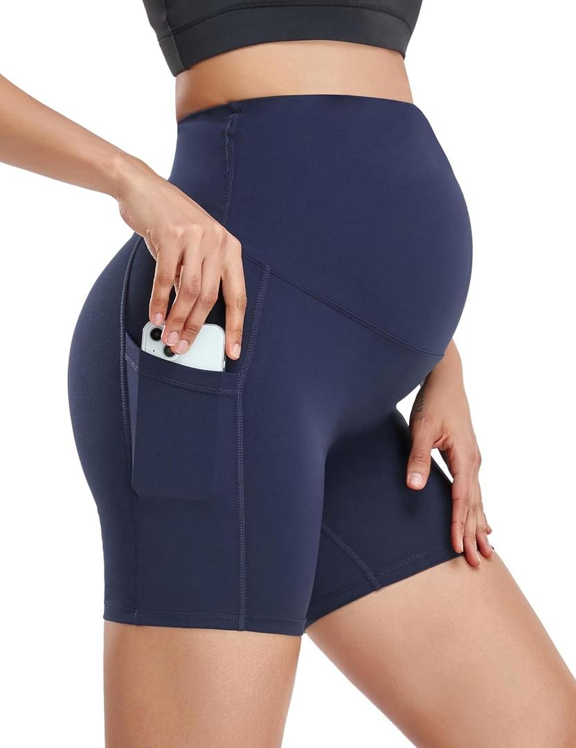 HOFISH Maternity Shorts for Women Over The Belly Pregancy Biker Shorts Workout Active Running Short Pants with Pockets (Large, Yoga Shorts: Navy Blue)