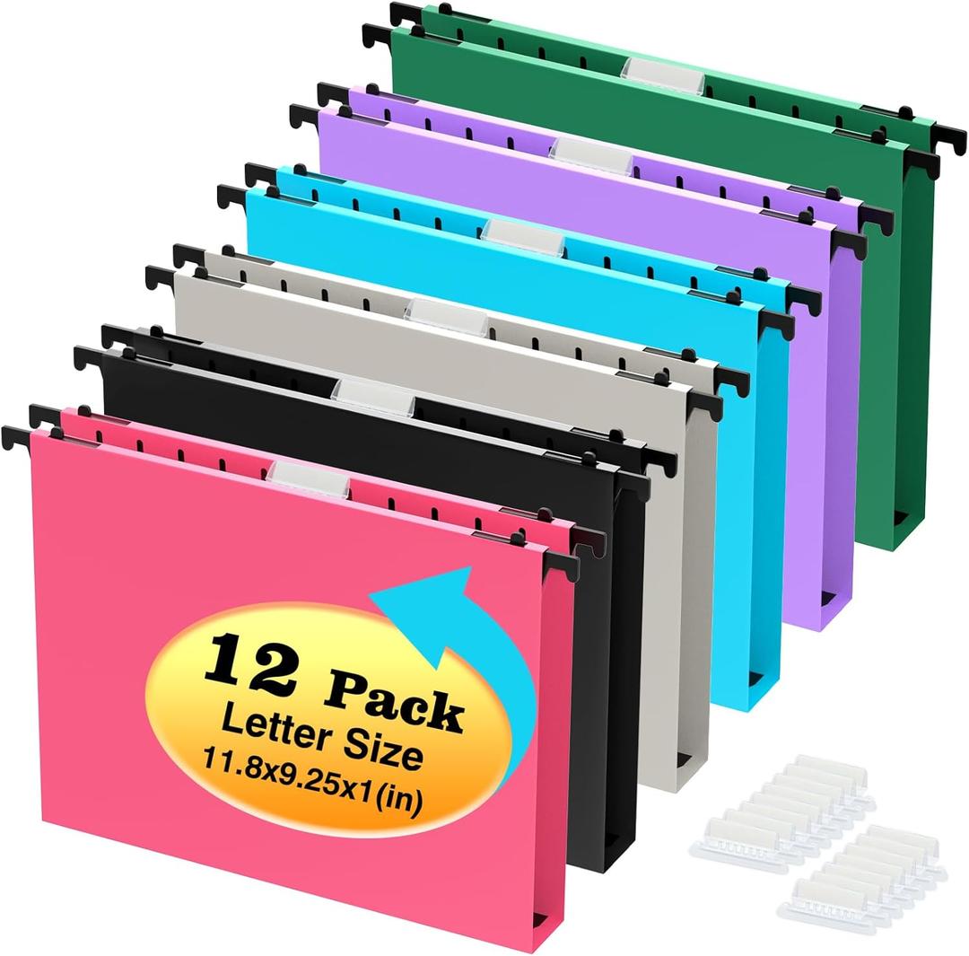 Extra Capacity Plastic Hanging File Folders, 12 Pack Reinforced Hang Folder, Heavy Duty 1 Inch Expansion, Filing Cabinet Folders Letter Size for Bulk Files/ Medical Charts (No Sealed, Assorted Colors)