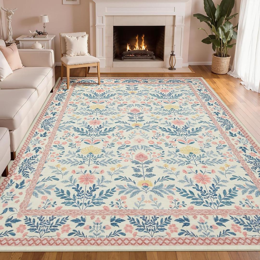 Joydeco Pink Area Rugs 8x10 for Living Room, Washable Floral Large Carpet