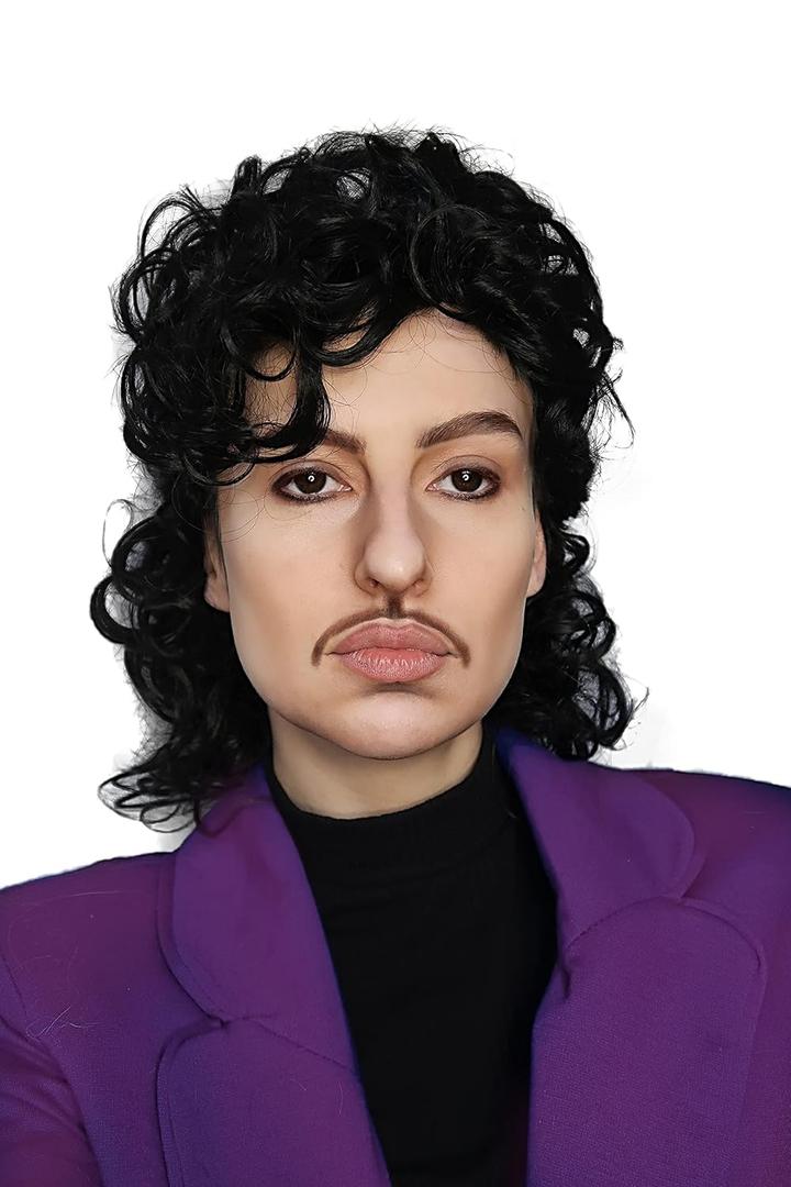 ALLAURA Compatible with Prince Wig Purple Rain  Black Curly Short Wig for Men  80s 90s Rockstar Costume Wig, Music Legend Cosplay, Purple Icon Look, Halloween Party Hair, Retro Anime Style Accessory