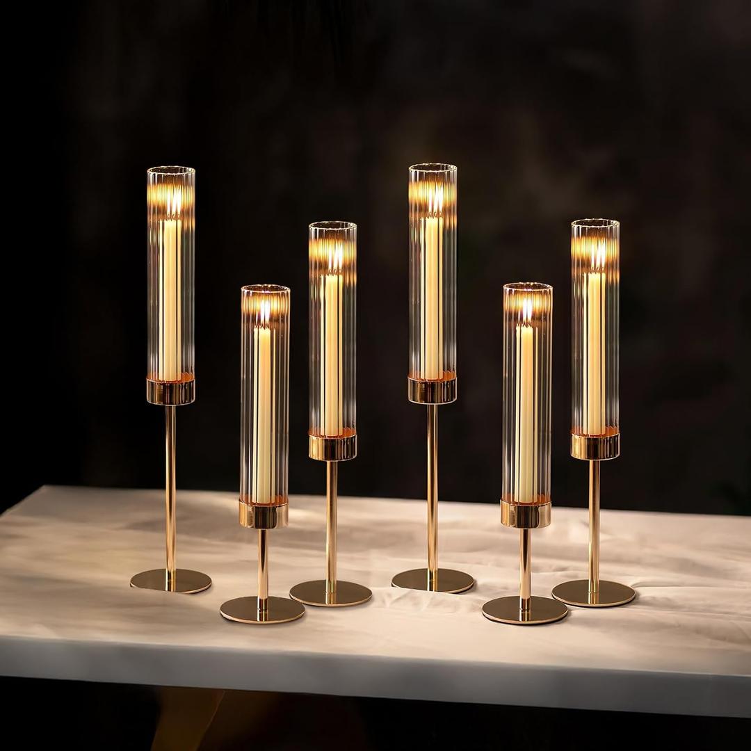 NUPTIO Hurricane Candle Holder for Centerpiece: Set of 6 Tall Candle Stick Holder with Ribbed Glass Cover - Bulk Metal Taper Candle Holders for Living Room Wedding Birthday Decor (6pcs)