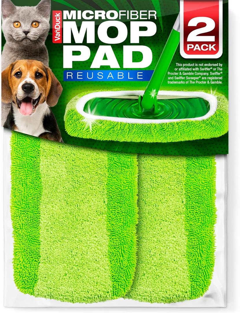 VanDuck Reusable Mop Pads Compatible with Swiffer Sweeper (2-Pack) - Washable Microfiber Mop Pads for Wet & Dry Use - All Purpose Floor Mopping and Cleaning Product (Green)