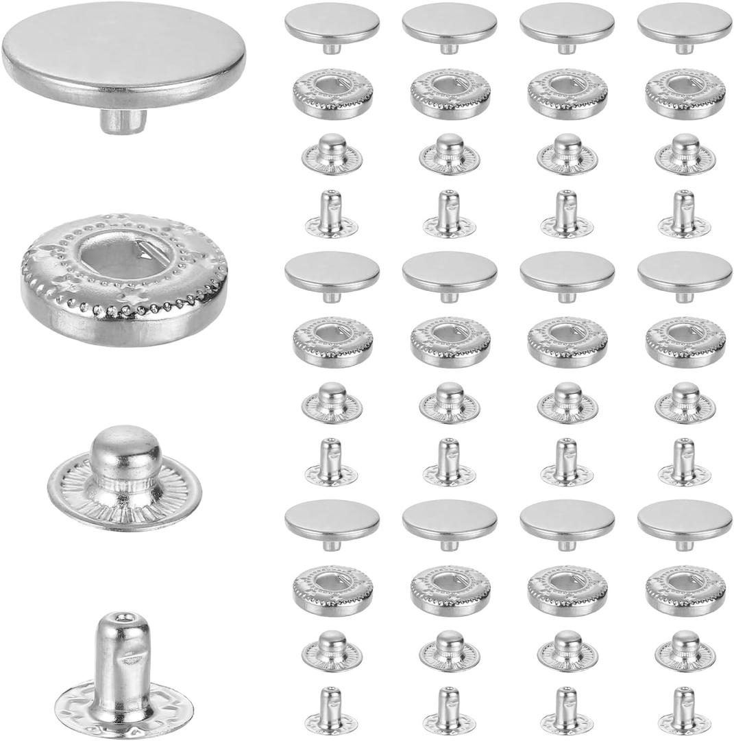MECCANIXITY 15mm Snap Fastener Stainless Steel Press Stud Cap Kit, 15 Sets Heavy Duty Snap Button No Sewing for Bag Coats Marine Clothes Jackets Jeans Boat Canvas, Silver