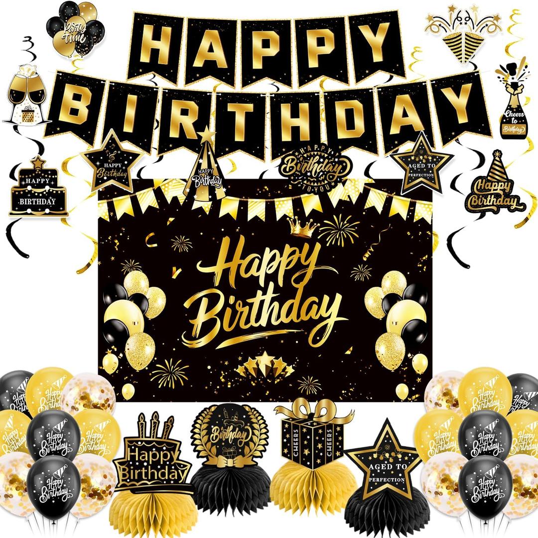 Black Gold Birthday Decorations for Men Women, Pre-Strung Happy Birthday Banner with Backdrop, Balloons,Honeycomb Centerpieces & Streamers Kit