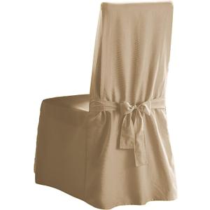 SureFit Cotton Canvas Dining Chair One Piece Slipcover, Full Length Skirt and Back Ties, Relaxed Fit, High Back Armless Chair Cover, Gray Color (Tan)