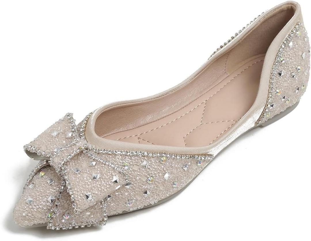 Flats Shoes Women Rhinestone Wedding Flats Comfort Pointed Toe Ballet Flat Shoe Low Heel Dress Shoes Sparkly Flats for Women (9, Apricot-2)