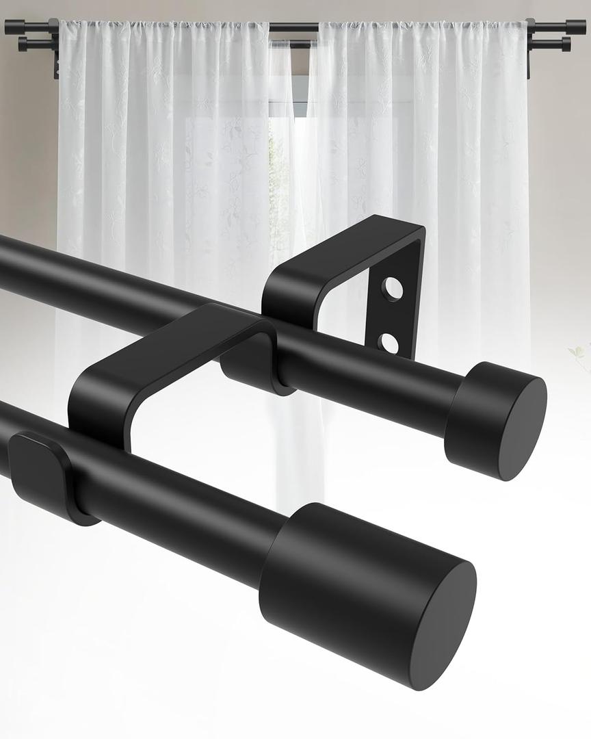 Double Curtain Rods for Windows 28 to 48, 5/8 inch Adjustable Double Curtain Rod, Easy to Install, Suitable for Living Rooms, Bedrooms, Outdoors, Black