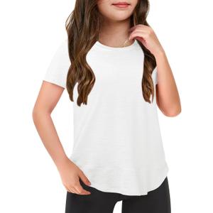 Haloumoning Girls Summer T Shirts Loose Curved Hem Short Sleeve Shirt Athletic Casual Tops Tees 4-14 Years, 130 (White)