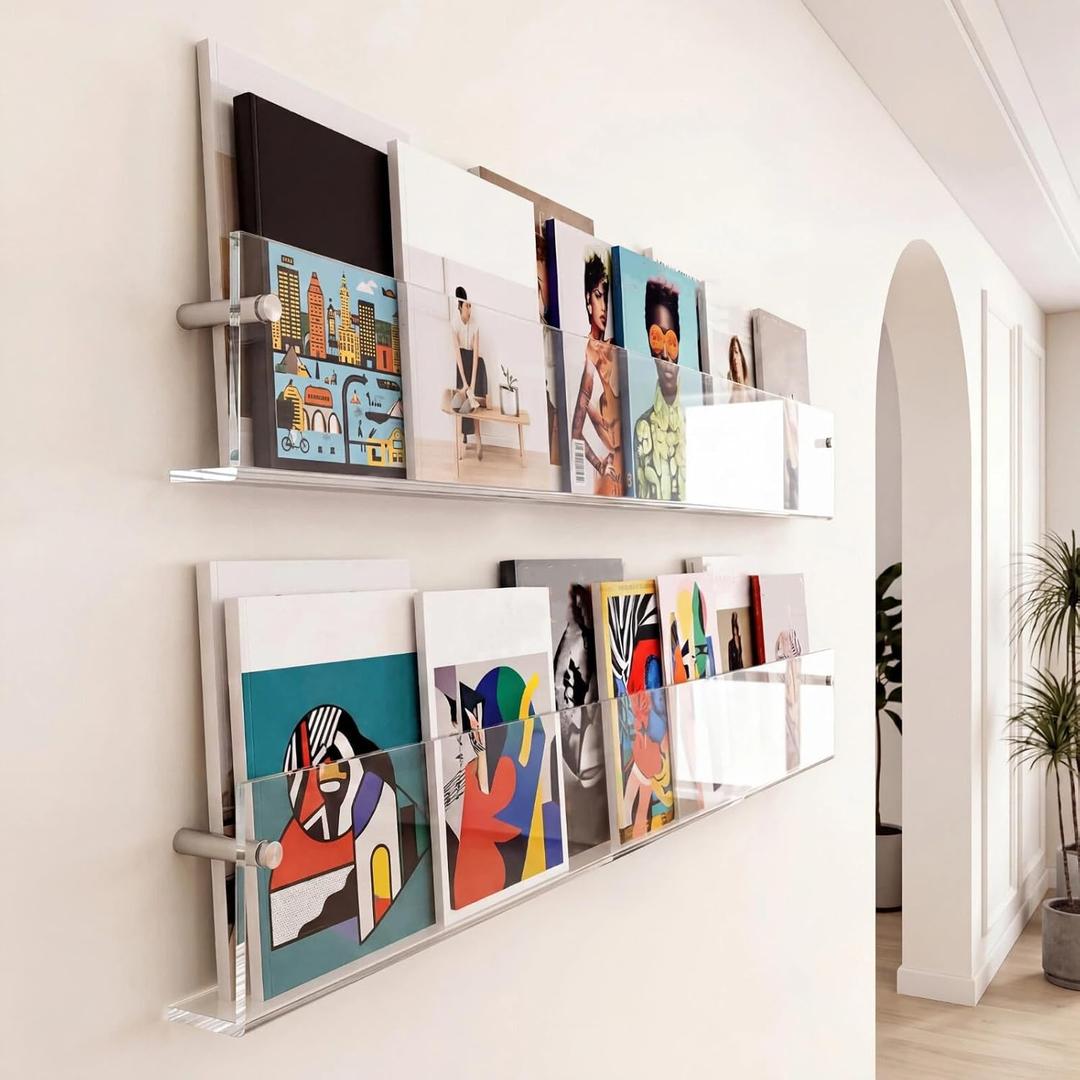 Wesiti 2 Pack 31.4" Acrylic Magazine Holder Rack Brochure Holder Wall Mount, Clear Hanging Floating Bookshelf Literature Storage Shelf Pamphlet Organizer for Waiting Room, Office, Home Display