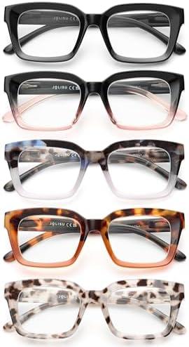 JOLISU 5 Pack Reading Glasses for Women,Oprah Style Blue Light Blocking Computer Readers,Square Eyeglasses with Spring Hinge +1.50