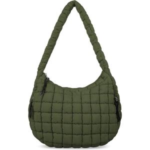 Quilted Puffer Tote Bag for Women - Large Crossbody Bag, Lightweight Nylon Puffy Carryall Hobo Puff Shoulder Bag (Medium, Dark Green)